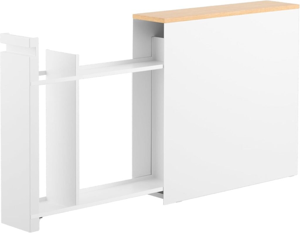 Armário de banheiro compacto com tampo de madeira, organizador de aço para papel higiênico e produtos de limpeza