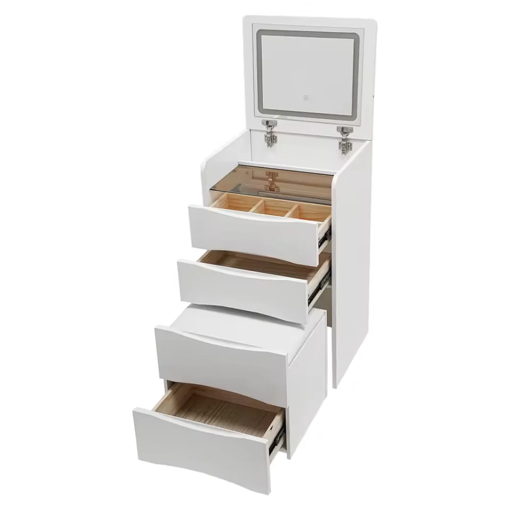 Penteadeira Compacta com Espelho LED, Gavetas e Banco Embutido em Madeira